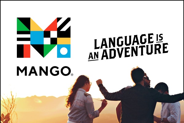 Mango Languages logo with colorful geometric shapes. Text reads "Language is an Adventure." Three people celebrate at sunset. Bright, adventurous mood.