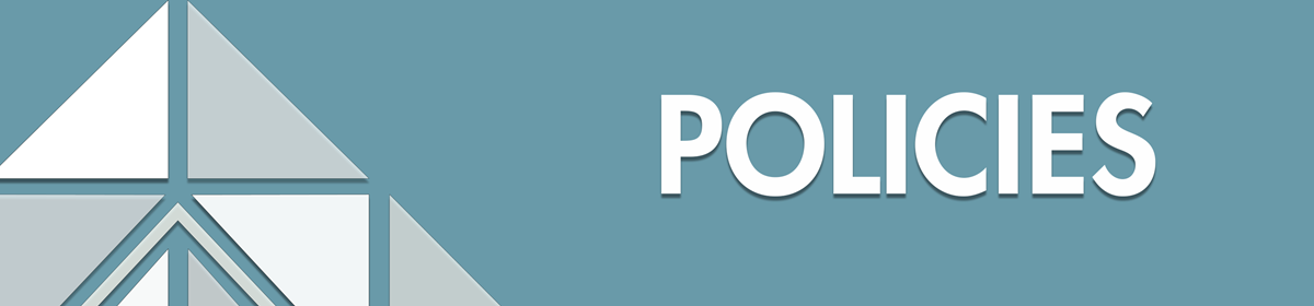 Teal background with white text saying 'Policies' next to a geometric triangle design. Clean and informative tone.