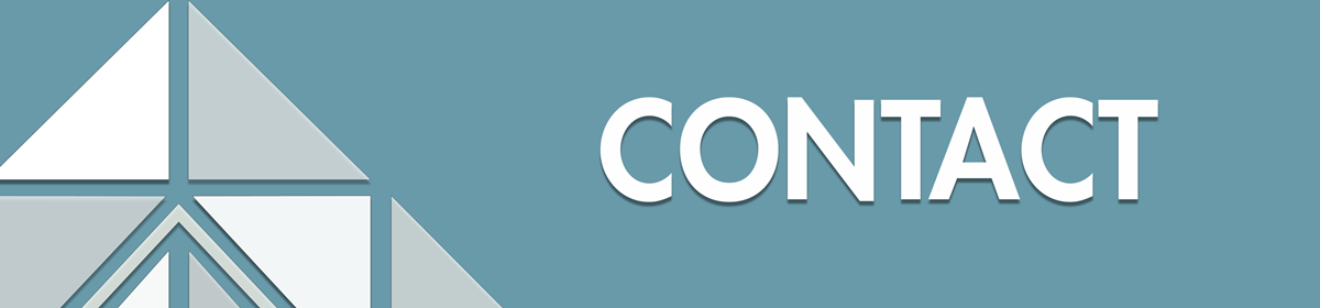 Teal background with white text saying 'Contact' next to a geometric triangle design. Clean and informative tone.