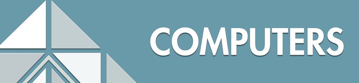 Teal background with white text saying 'Computers' next to a geometric triangle design. Clean and informative tone.