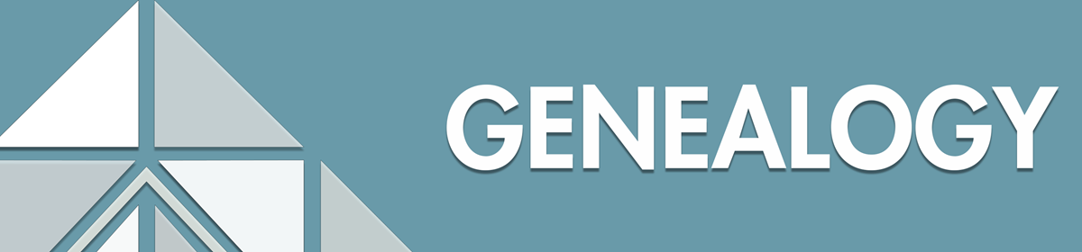 Teal background with white text saying 'Genealogy' next to a geometric triangle design. Clean and informative tone.