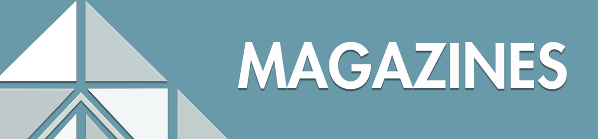 Teal background with white text saying 'Magazines' next to a geometric triangle design. Clean and informative tone.