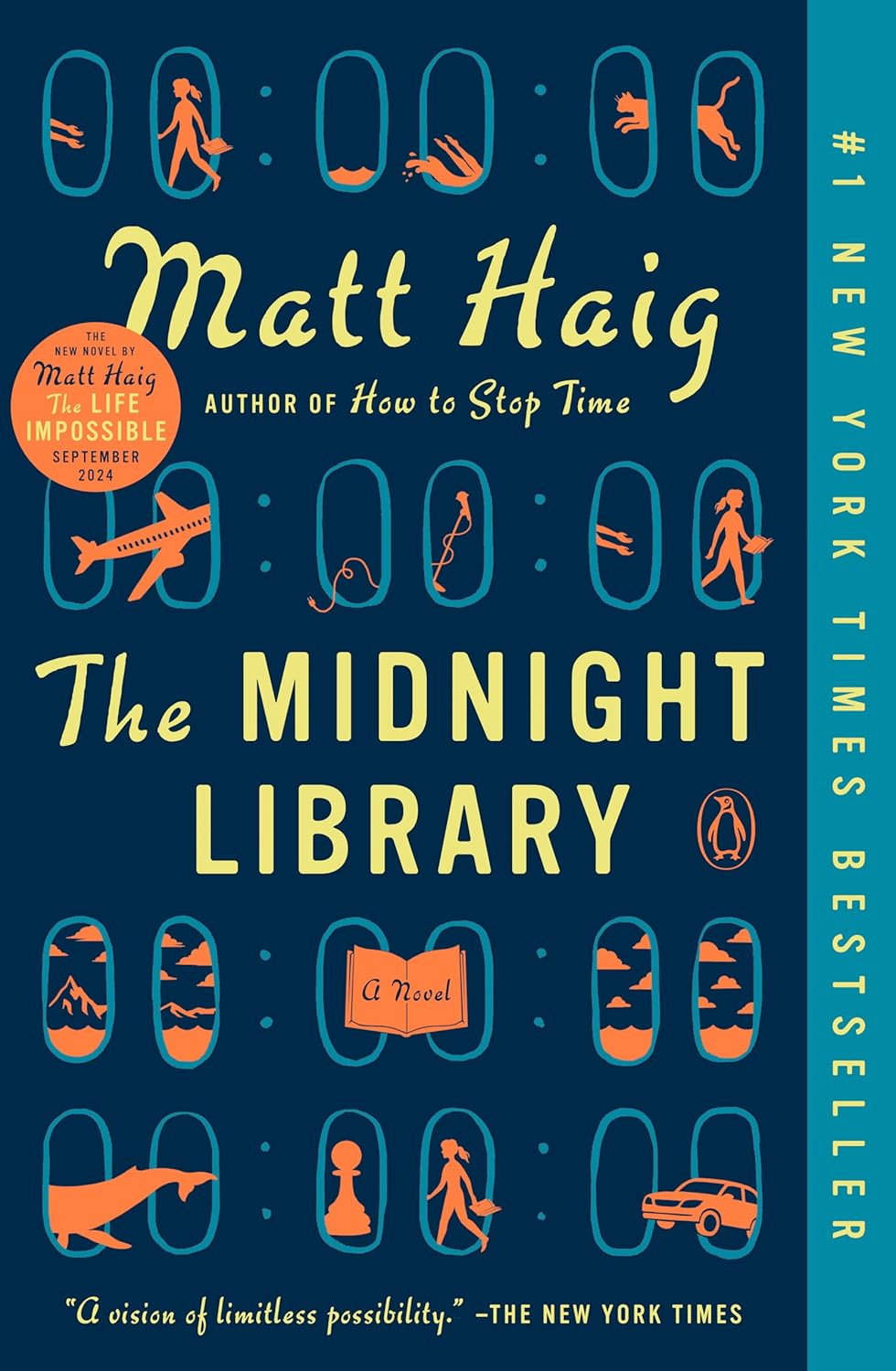 Book cover for "The Midnight Library" by Matt Haig. Illustrations of key life choices, like travel and nature, are framed in teal circles, suggesting themes of possibility.