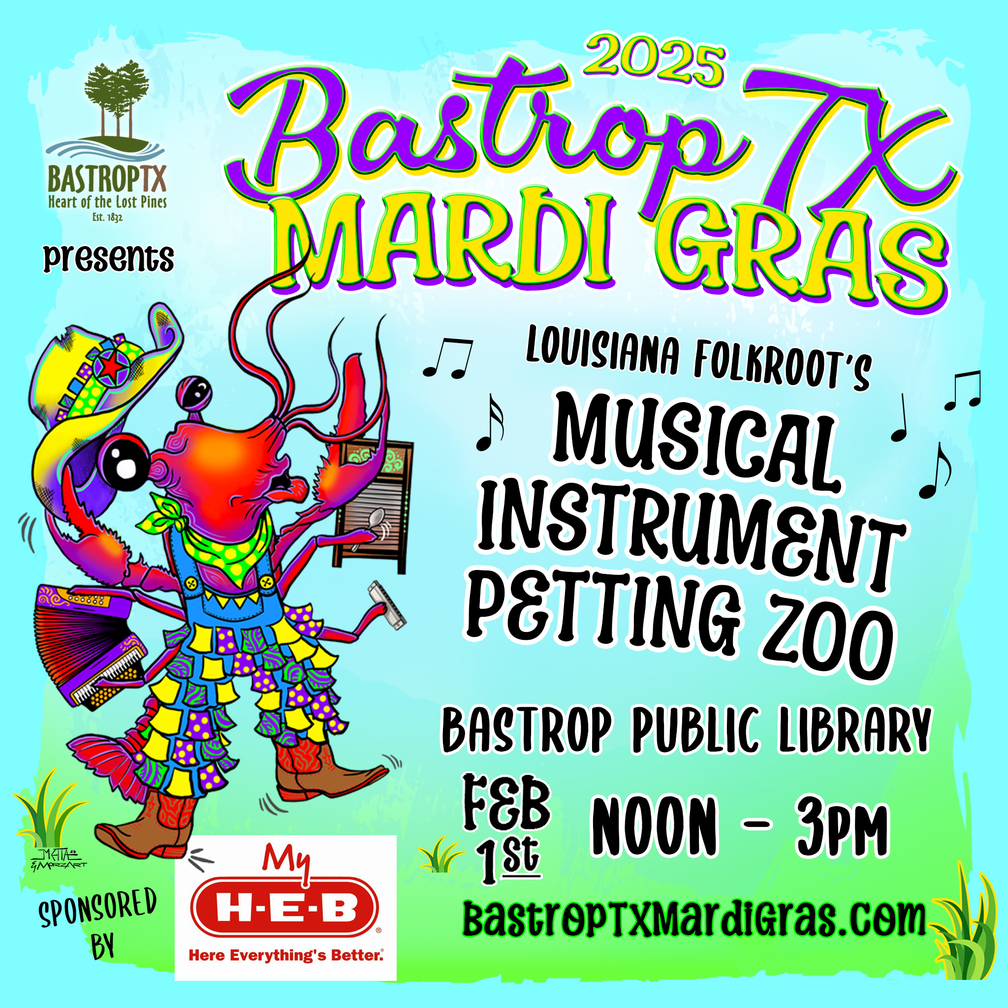 Colorful illustration for Bastrop, TX Mardi Gras 2025 event featuring a musical instrument petting zoo. A vibrant crawfish plays music.