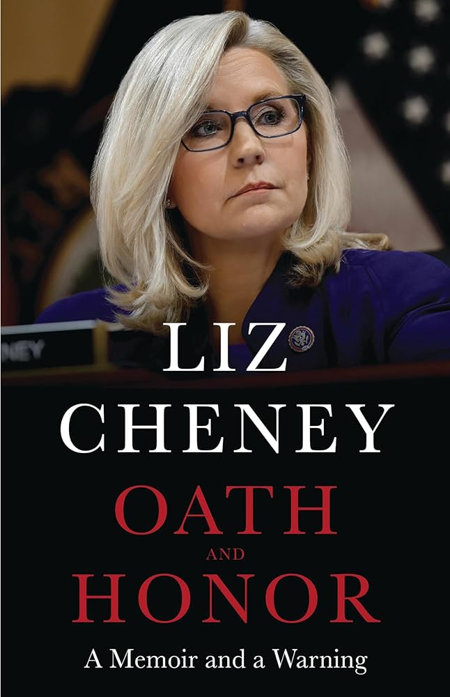 A woman with glasses and blonde hair looks attentively to the side. The book cover reads: "Liz Cheney, Oath and Honor: A Memoir and a Warning." Tone is serious.