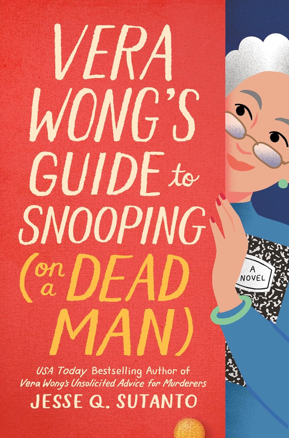 Book cover titled "Vera Wong's Guide to Snooping," featuring a smiling elderly woman with glasses peeking from the side. Playful, mystery theme.