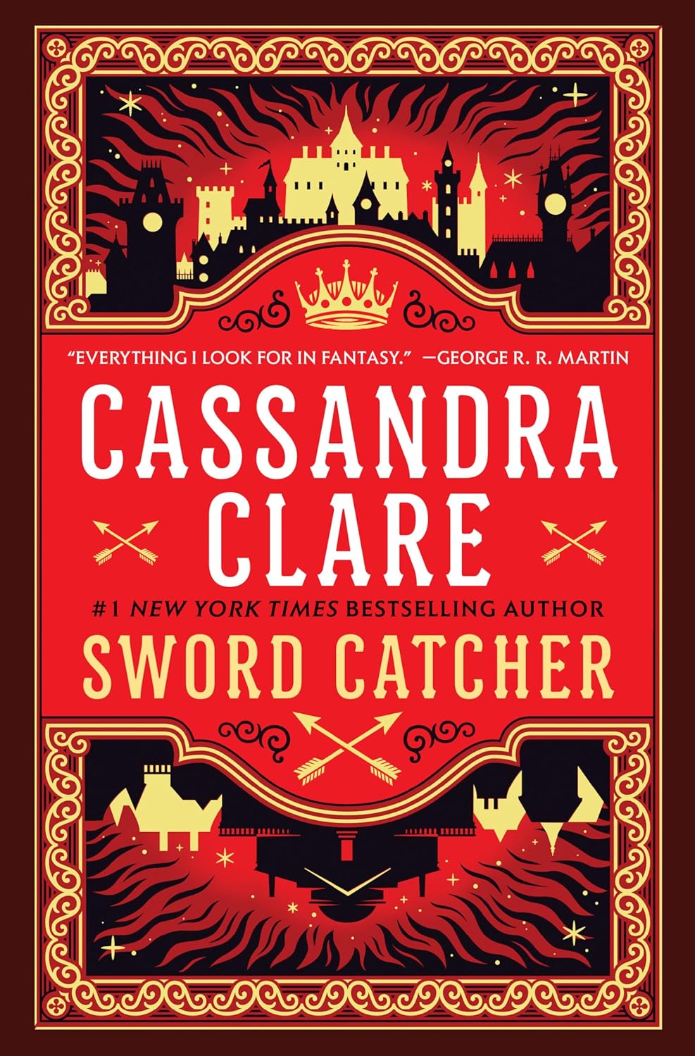 Book cover of "Sword Catcher" by Cassandra Clare. Features a red and gold design with a stylized castle, flames, and stars. Fantasy and regal theme.