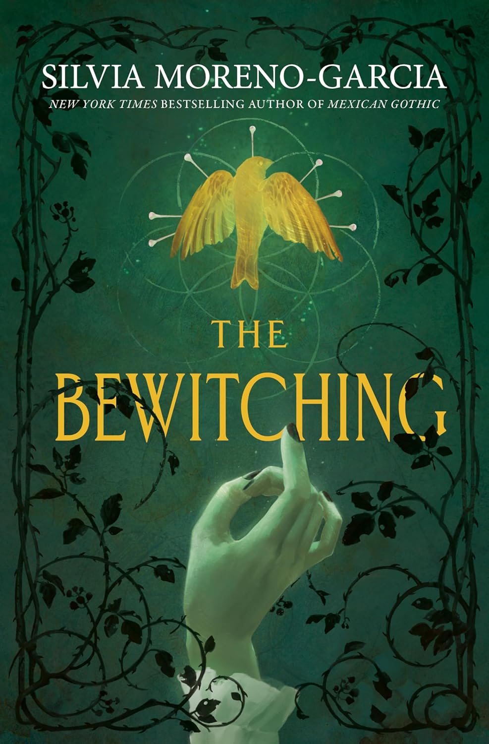 A mystical book cover for "The Bewitching" features a glowing yellow bird above ornate geometric patterns. A pale hand points upwards, surrounded by dark vines. Mood is magical.