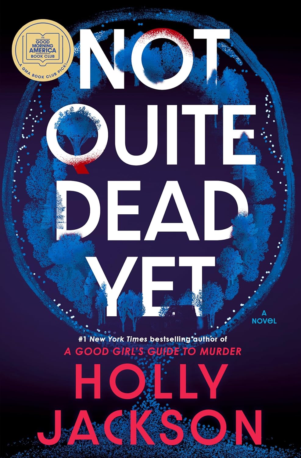 Book cover for "Not Quite Dead Yet" by Holly Jackson features bold white and red text against a dark background with abstract blue trees, conveying a mysterious and suspenseful tone. A circular emblem in the corner highlights it as a "Good Morning America Book Club Pick."