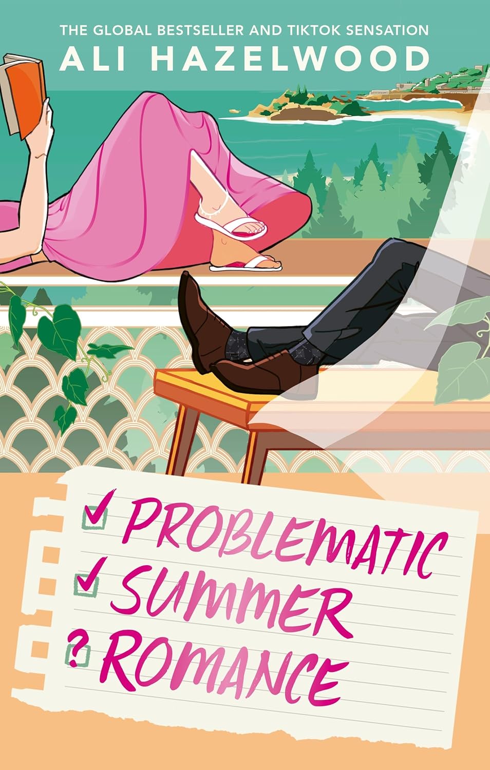 A woman in a pink dress relaxes with a book, while a man in dark pants lounges nearby. A checklist reads: "Problematic," "Summer," "Romance." The tone is playful.