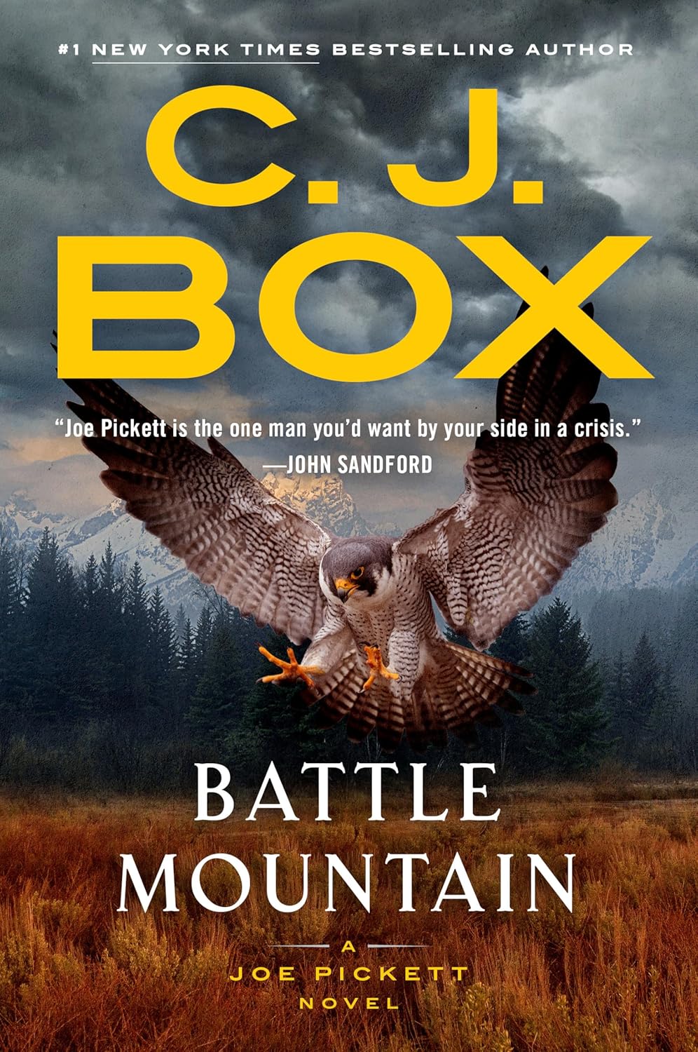 Cover of "Battle Mountain" by C.J. Box. A hawk in flight over a forest with mountains in the background. Bold yellow text, intense and adventurous tone.