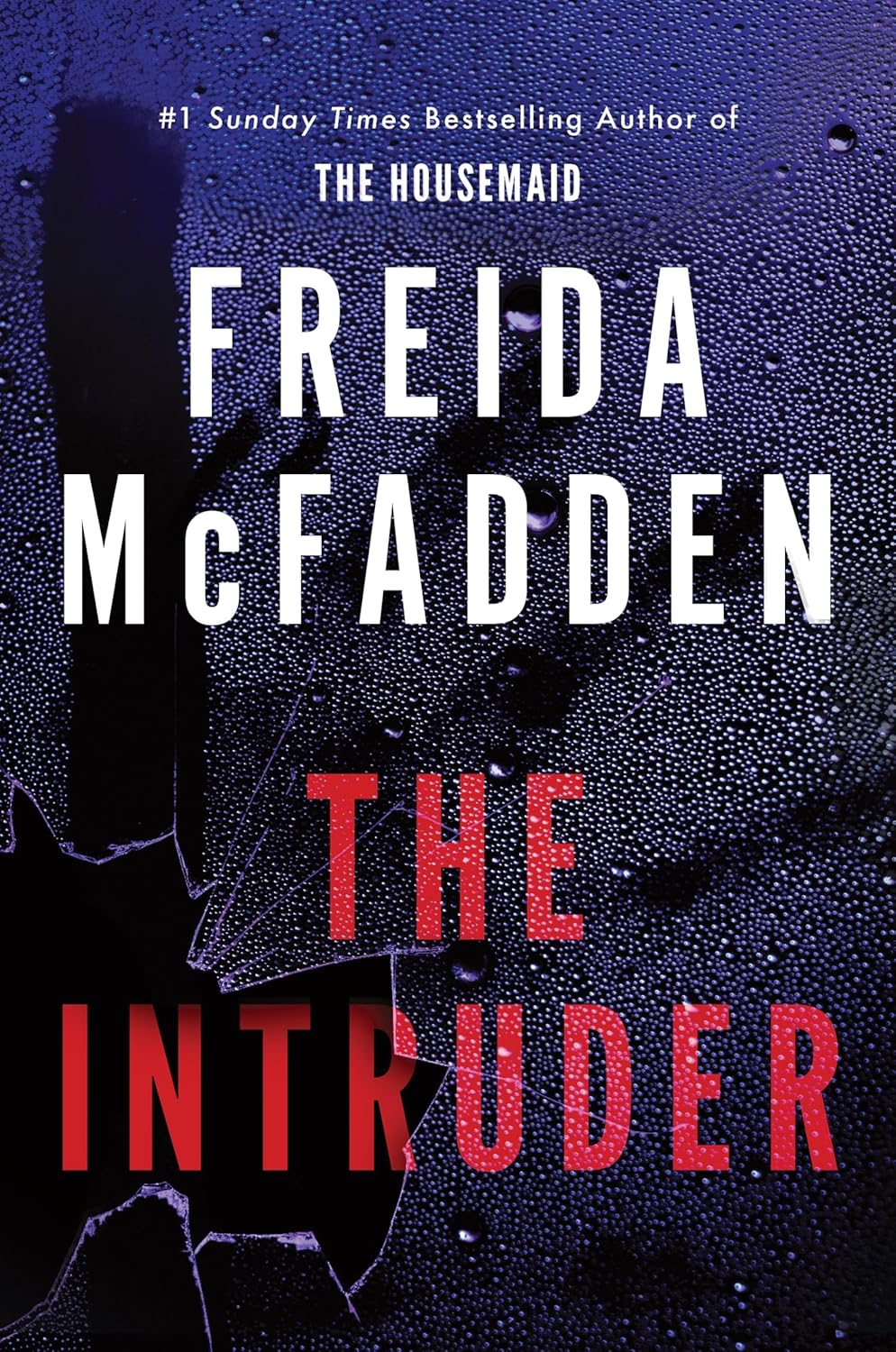 Book cover of "The Intruder" by Freida McFadden. Dark background with raindrop-covered glass and shattered hole, title in bold white and red text. Eerie tone.