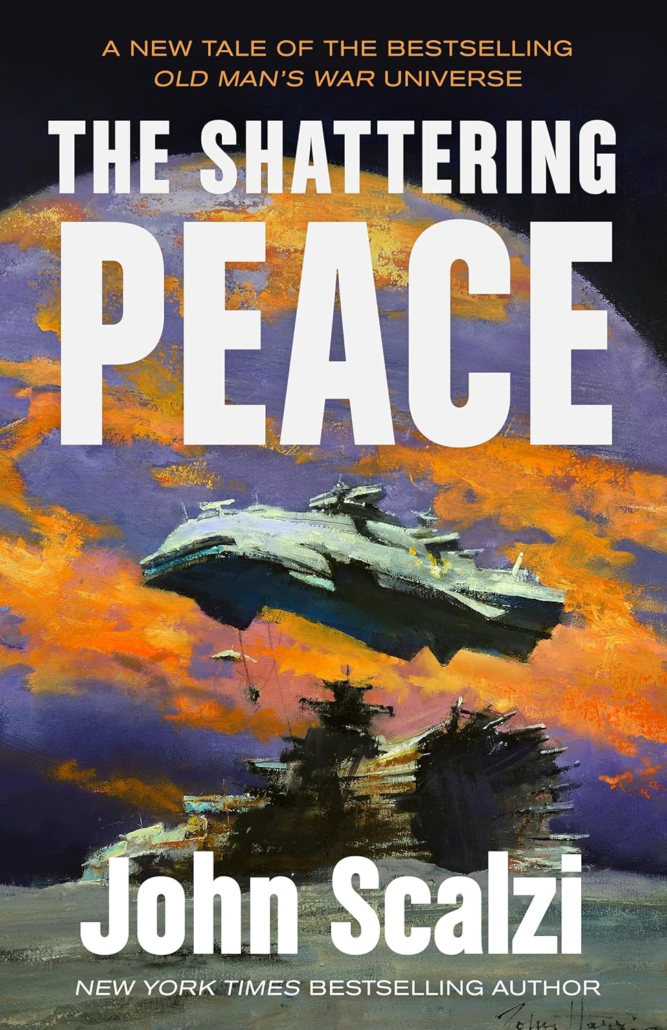 Cover art for "The Shattering Peace," featuring a futuristic spaceship hovering over a dramatic, fiery landscape. Bold text emphasizes a tense, sci-fi tone.