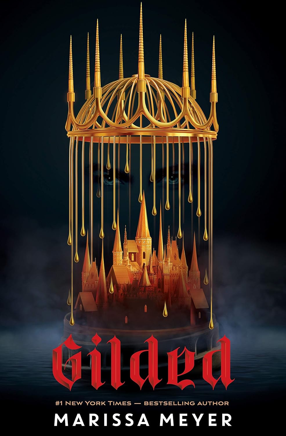 A dark, mysterious book cover featuring a golden crown with spikes, dripping liquid gold over a castle silhouette. The title "Gilded" is in bold red letters.