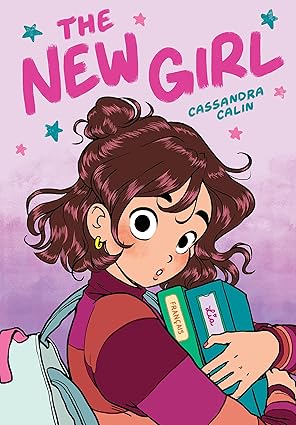Illustrated book cover titled "The New Girl" by an unreadable author. A worried girl holds books titled "French" and "Lit" against a pink-purple background.