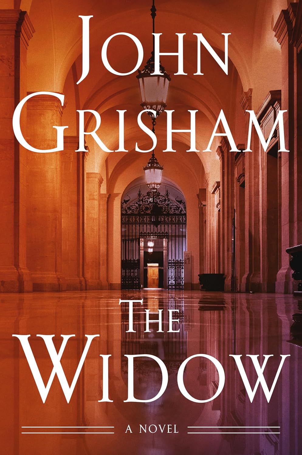 Blurred, elegant hallway in warm tones with arched ceilings and chandeliers. Large text reads "John Grisham - The Widow, A Novel," conveying mystery.