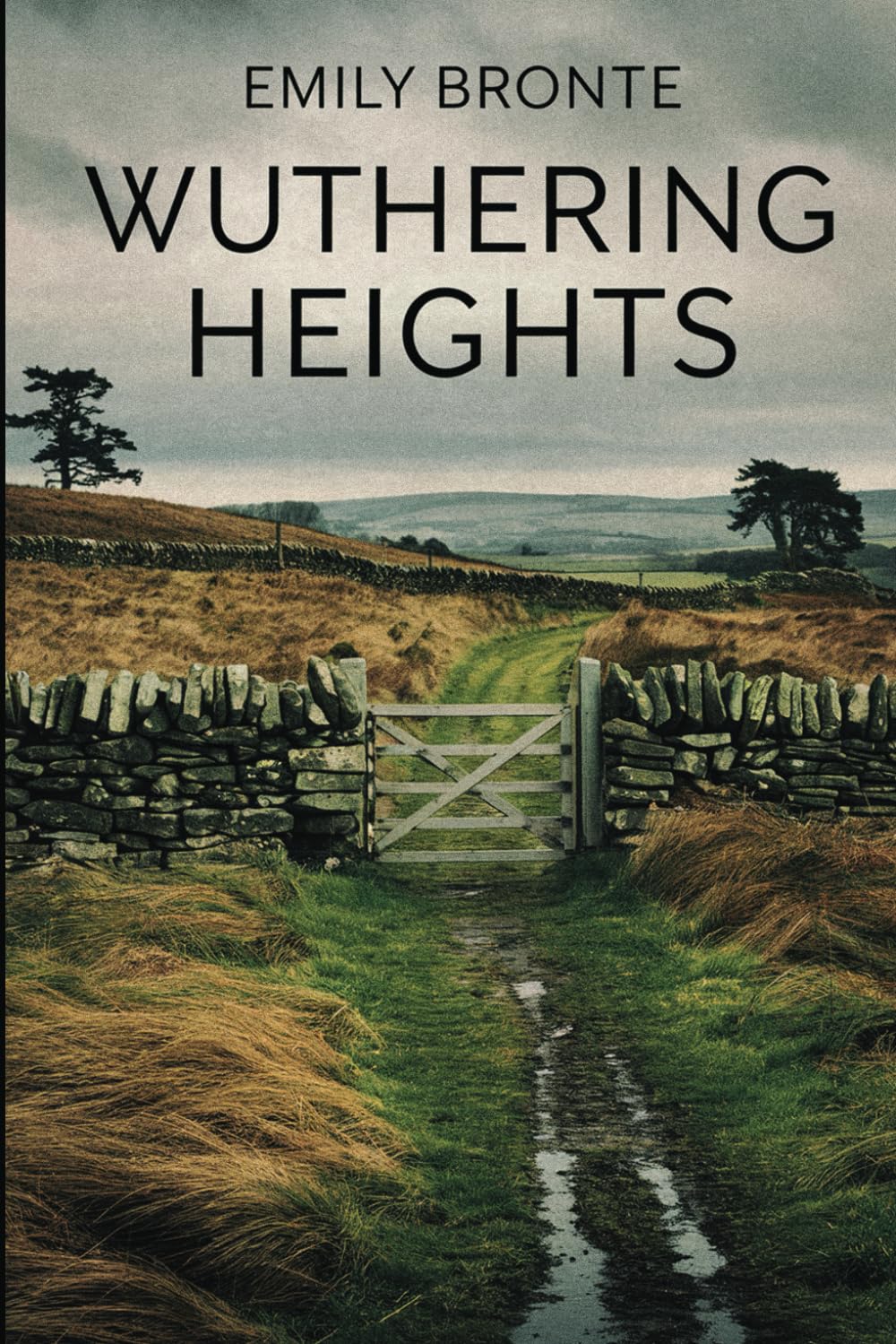 Cover of "Wuthering Heights" by Emily Brontë. A moody landscape shows a stone path leading to a wooden gate, flanked by dry grass and stone walls under an overcast sky.