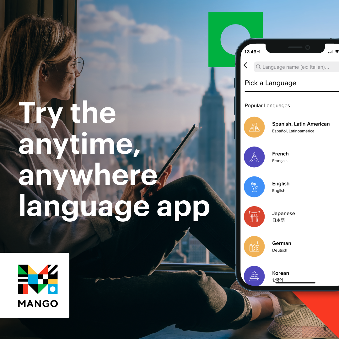 A woman sits by a window with a tablet, city skyline in the background. Text reads "Try the anytime, anywhere language app." Phone screen shows language options. Mango logo