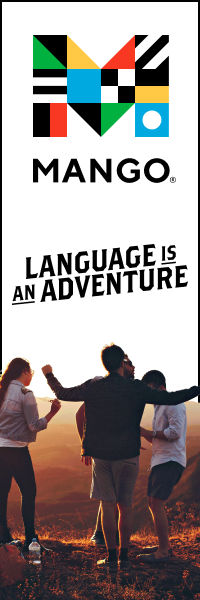 Mango Languages logo with a colorful geometric pattern above. Below, friends in a scenic sunset setting, with the text "Language is an Adventure."