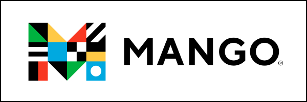 Colorful geometric "M" logo composed of triangles, stripes, and squares, next to bold black text reading "MANGO" on a white background. Modern and vibrant design.