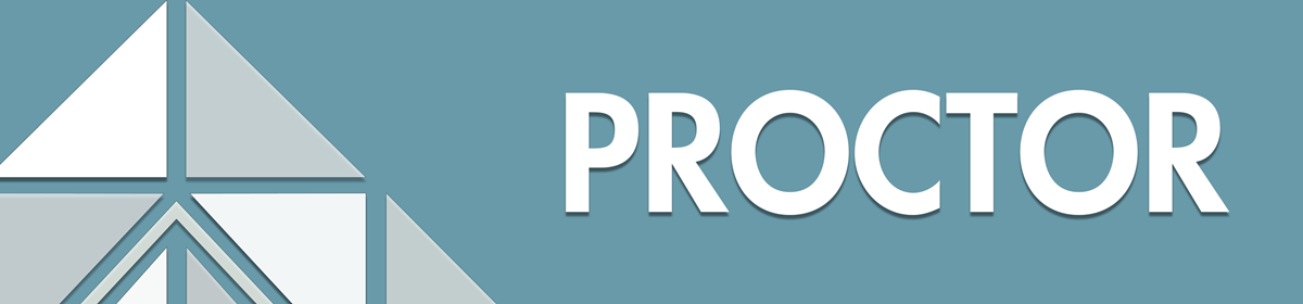 Minimalist design with a geometric pyramid logo on the left and the word "PROCTOR" in bold white font on a blue-gray background, conveying a modern tone.